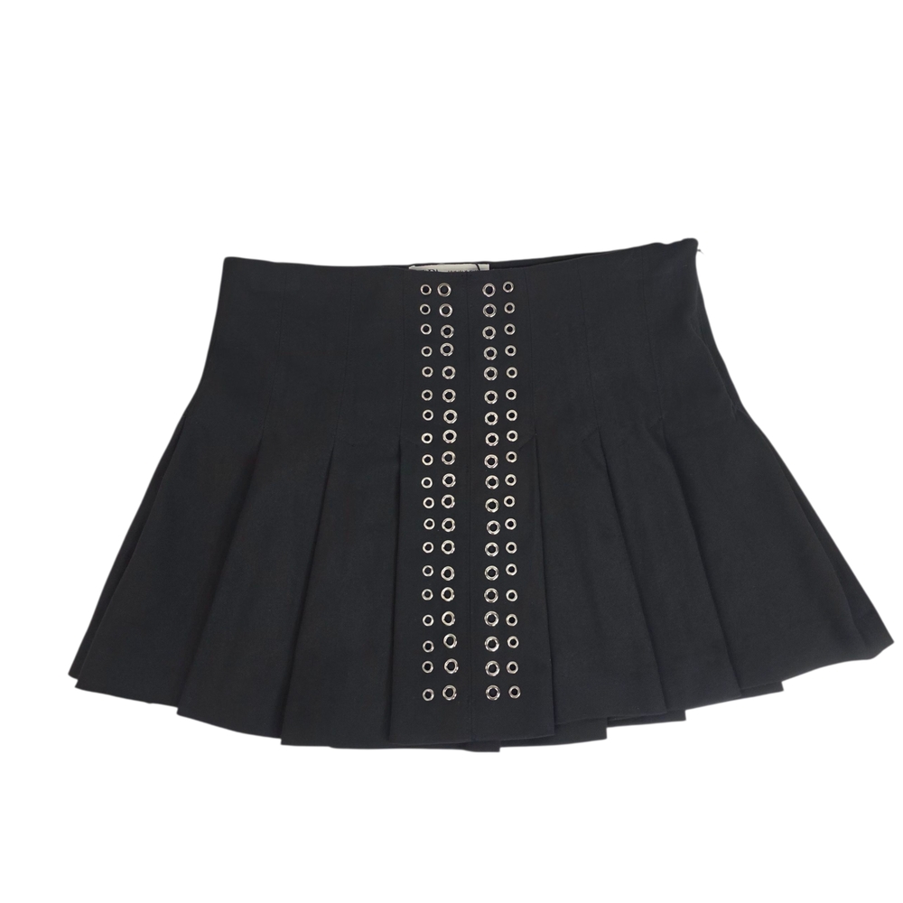 ZARA Pleated Mini Skirt Metal Eyelet Rock Punk Size M Medium Black